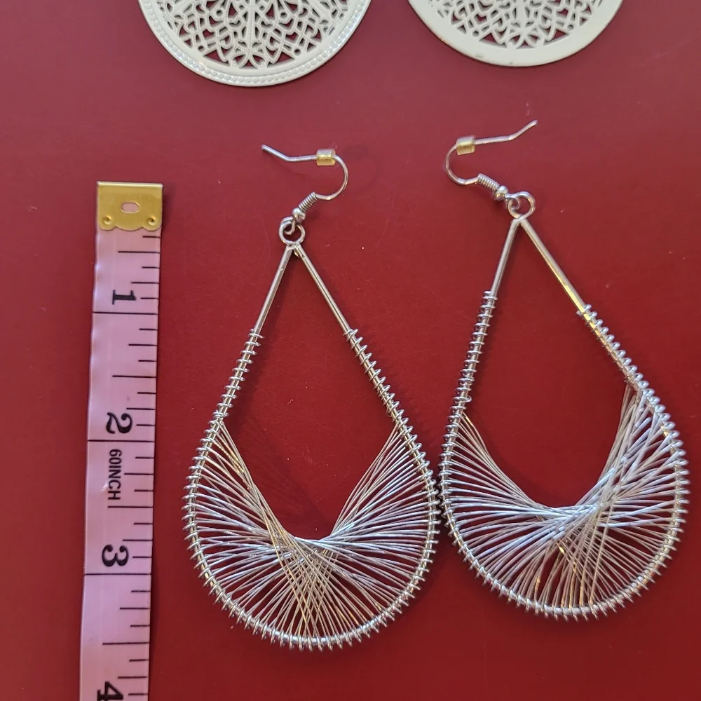 Lot Of 2 Silver Toned Drop Dangle Earrings Round Teardrop Costume Jewelry